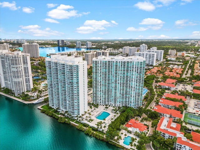 birds eye view of property featuring a water view