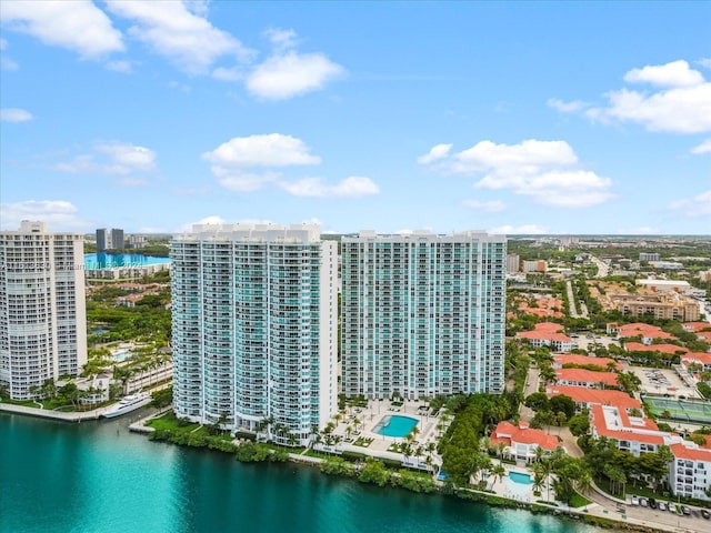 drone / aerial view with a water view