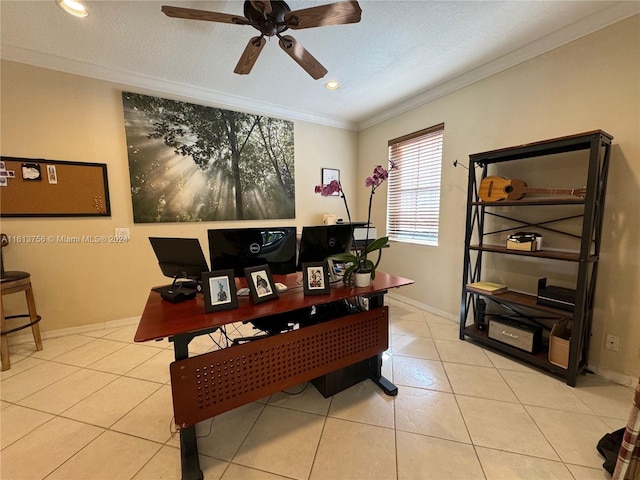 office with a textured ceiling, crown molding, light tile patterned floors, and ceiling fan