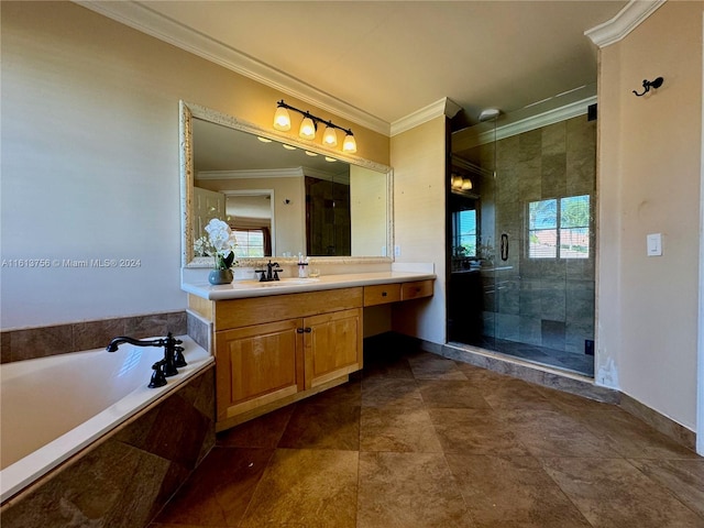 bathroom with ornamental molding, vanity, separate shower and tub, and tile patterned flooring