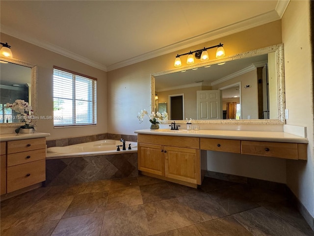 bathroom with vanity, ornamental molding, tiled bath, and tile patterned flooring