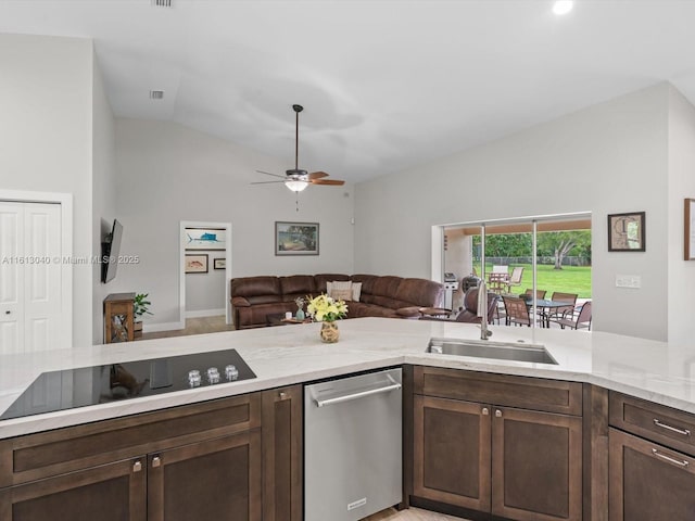 kitchen with dark brown cabinetry, dishwasher, sink, vaulted ceiling, and black electric cooktop