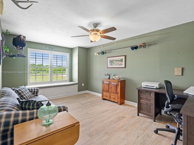 office featuring ceiling fan and light hardwood / wood-style flooring