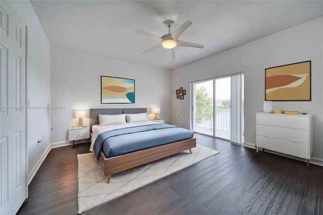 bedroom with dark wood-type flooring, access to outside, and ceiling fan