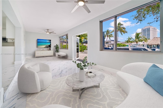 living room featuring ceiling fan