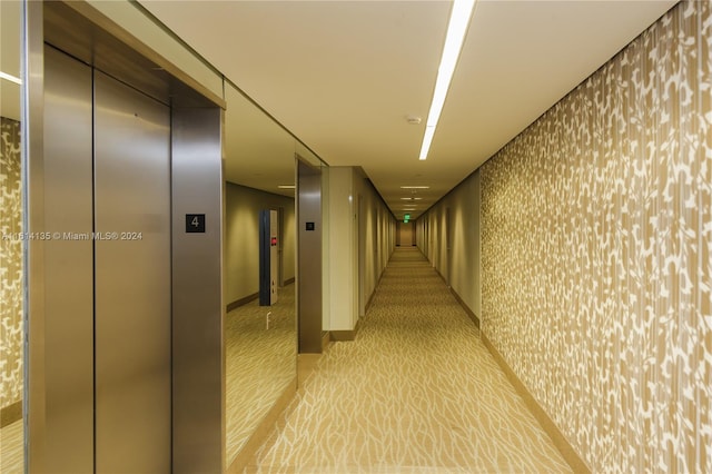 hall with light carpet and elevator