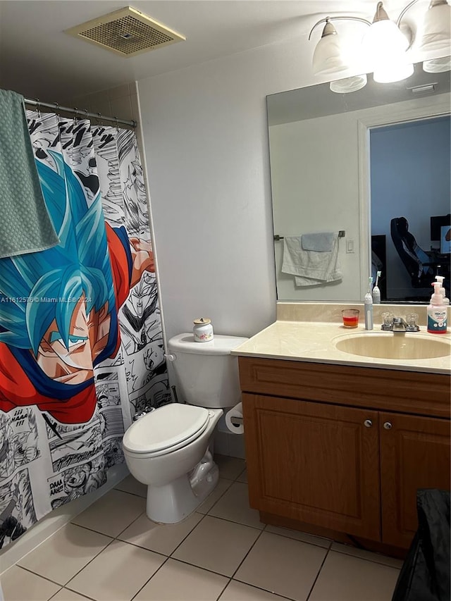 bathroom featuring tile patterned flooring, a chandelier, walk in shower, vanity, and toilet