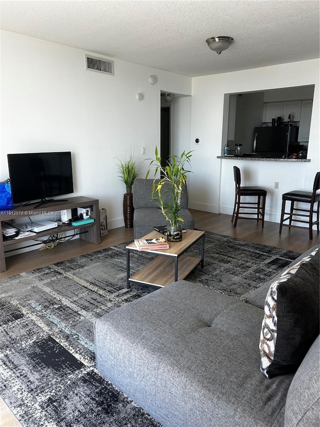 living room with wood-type flooring and a textured ceiling