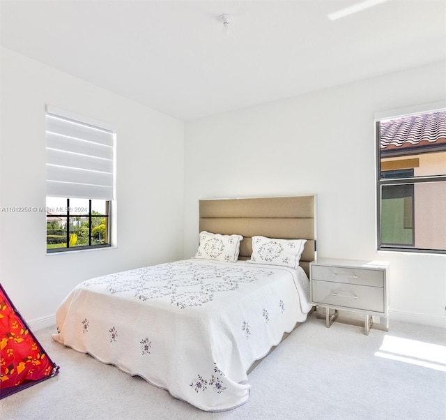 bedroom with light colored carpet