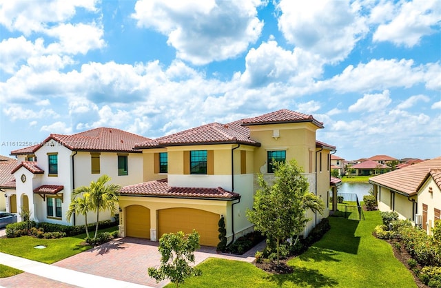 mediterranean / spanish-style house featuring a water view, a garage, and a front lawn