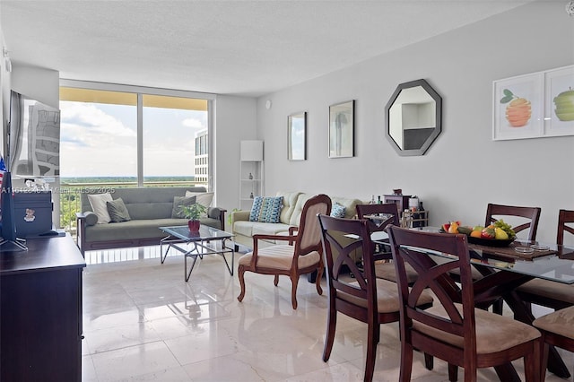 living room featuring floor to ceiling windows and a textured ceiling