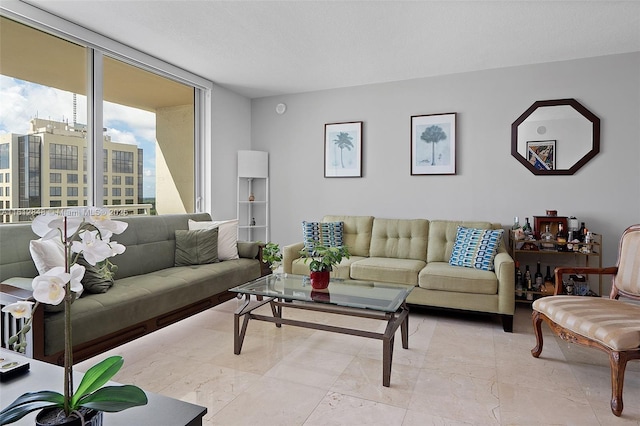 living room with floor to ceiling windows