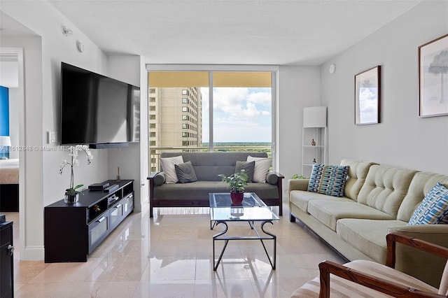 living room featuring a wall of windows