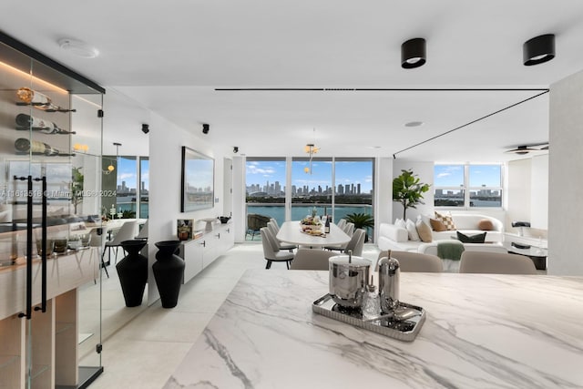 living room with a water view