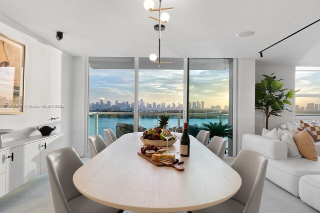 dining room with expansive windows, a water view, and plenty of natural light