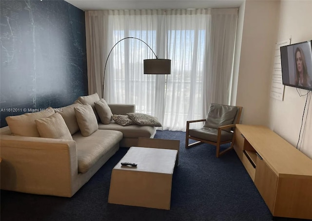 living room featuring dark colored carpet