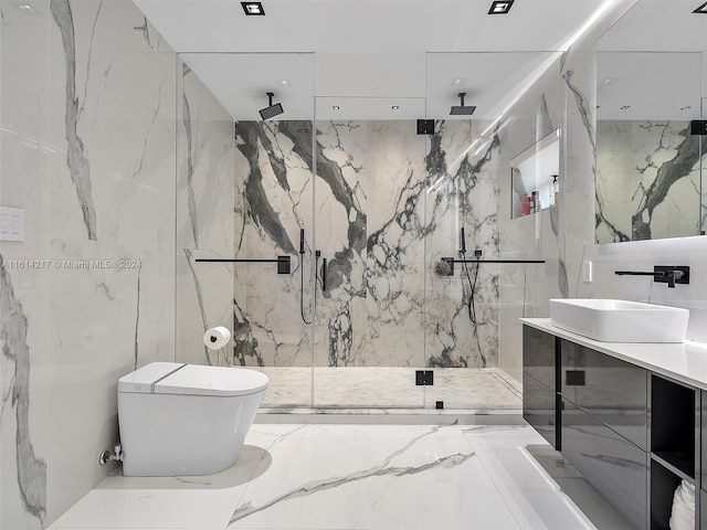 bathroom featuring vanity, toilet, tile walls, and walk in shower