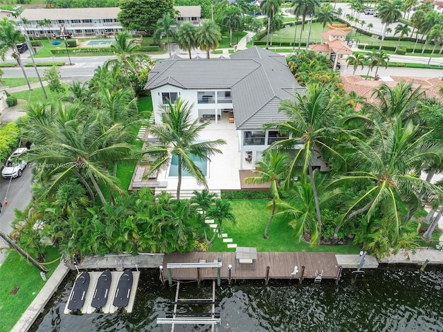 aerial view featuring a water view