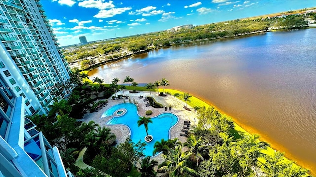 drone / aerial view with a water view