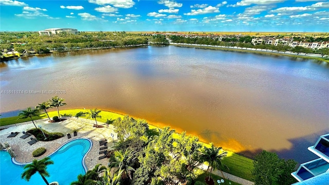 drone / aerial view with a water view