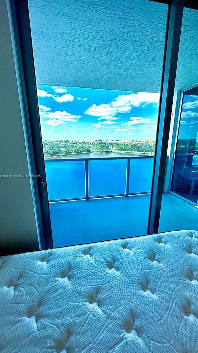 bedroom featuring a closet and a water view