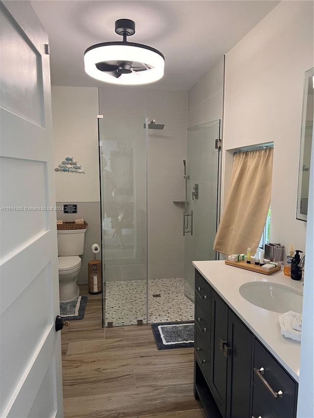 bathroom with a shower with door, vanity, and toilet