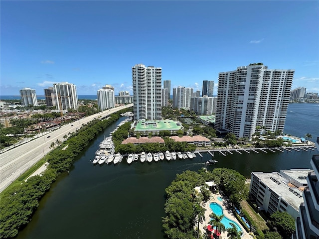 aerial view with a view of city and a water view