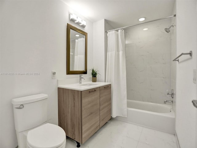 full bathroom with toilet, vanity, and shower / bath combo with shower curtain