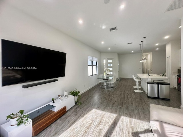 living room with dark wood-type flooring and sink