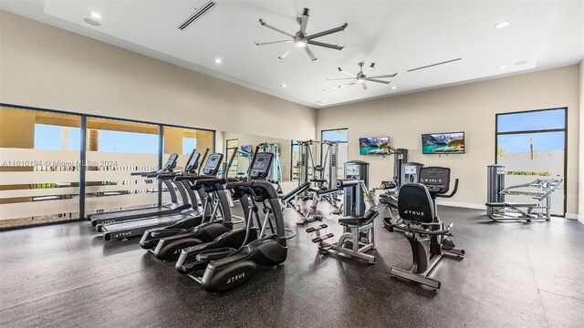 gym featuring ceiling fan and a healthy amount of sunlight