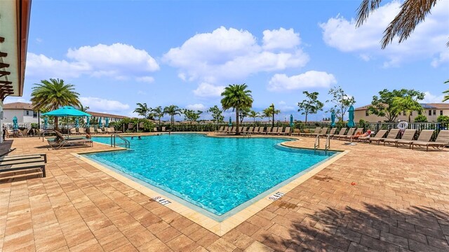 view of swimming pool featuring a patio