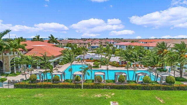 view of pool with a lawn