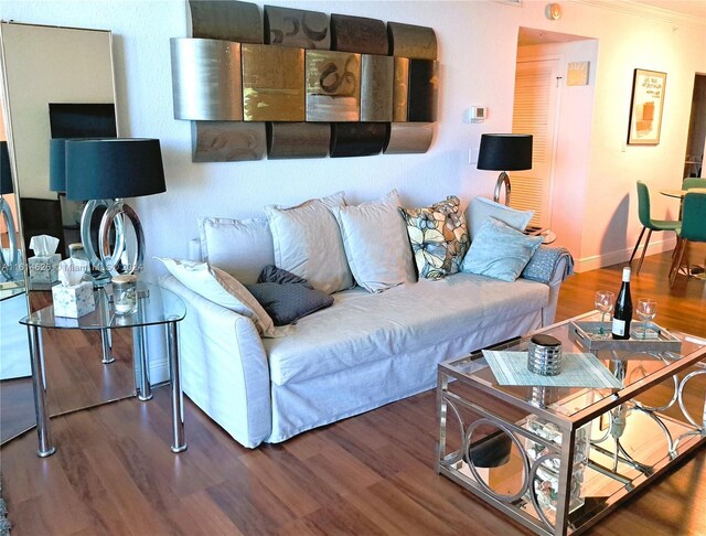 living room featuring ornamental molding and dark hardwood / wood-style flooring