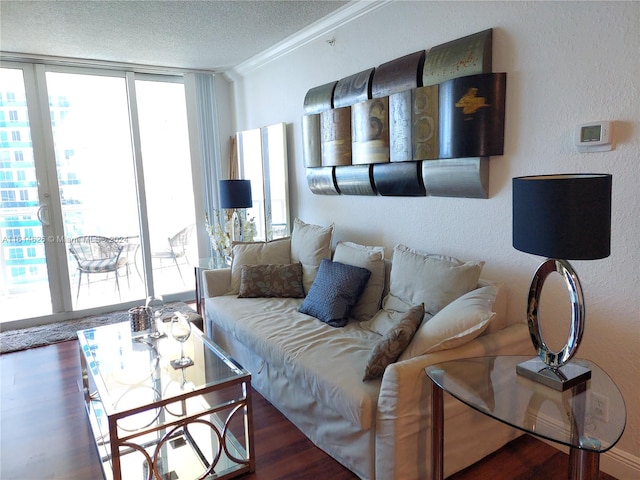 living room with plenty of natural light, ornamental molding, and dark hardwood / wood-style floors