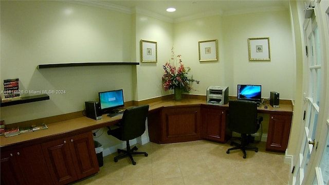 tiled home office featuring ornamental molding