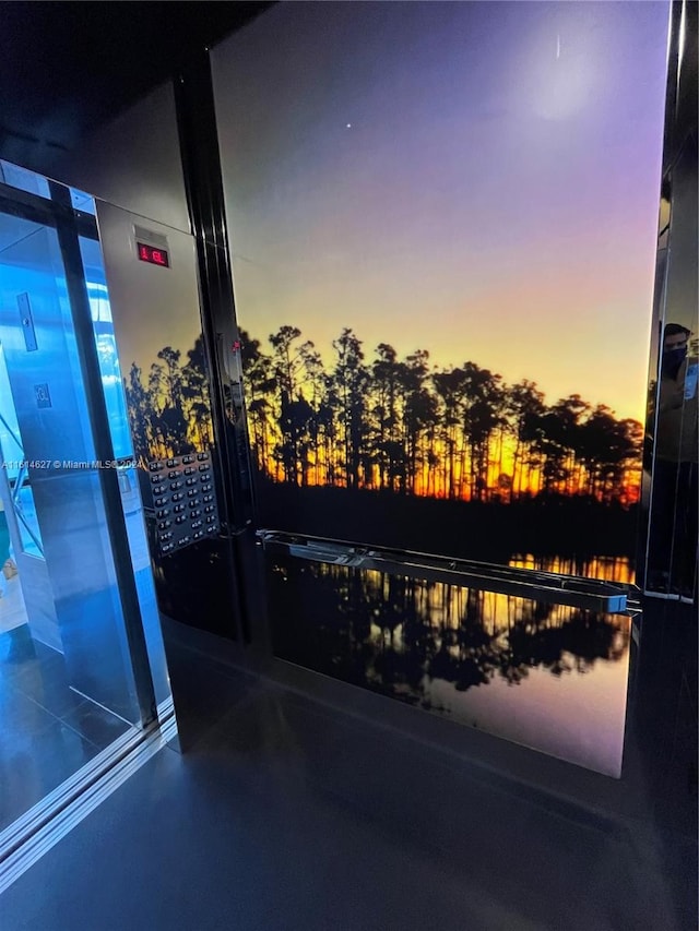 balcony at dusk with elevator