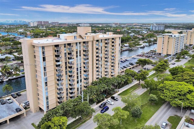 drone / aerial view with a water view