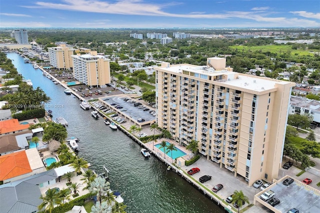 drone / aerial view featuring a water view