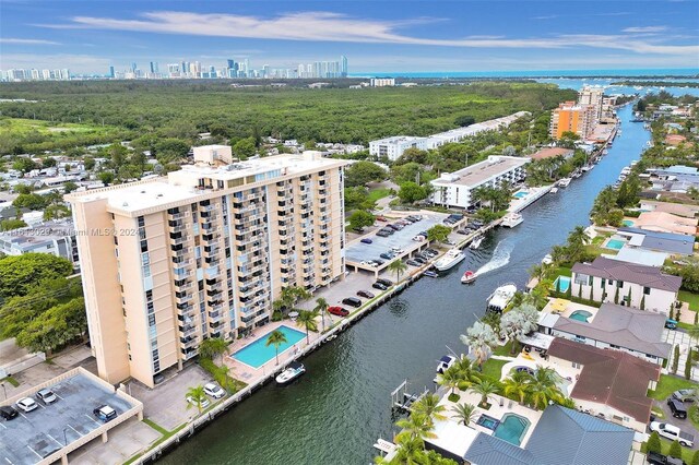 drone / aerial view with a water view