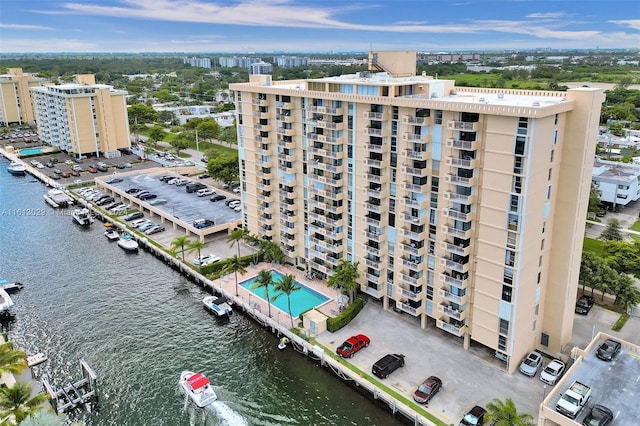 bird's eye view with a water view