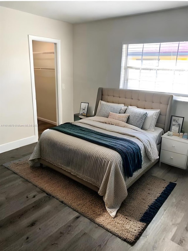 bedroom featuring a spacious closet, dark wood-type flooring, and a closet