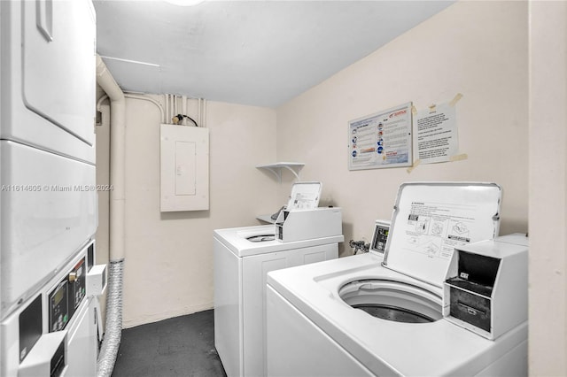 clothes washing area featuring separate washer and dryer, stacked washer and dryer, and electric panel