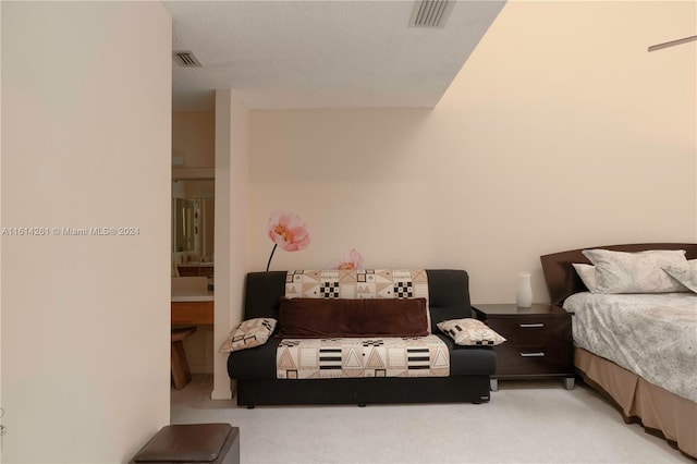 carpeted bedroom with connected bathroom and a textured ceiling