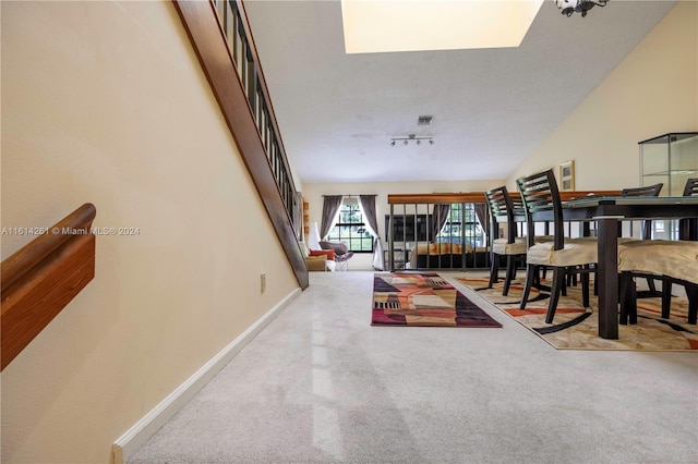 interior space featuring carpet, rail lighting, and high vaulted ceiling