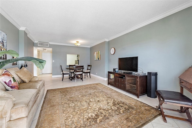 tiled living room with a textured ceiling and crown molding