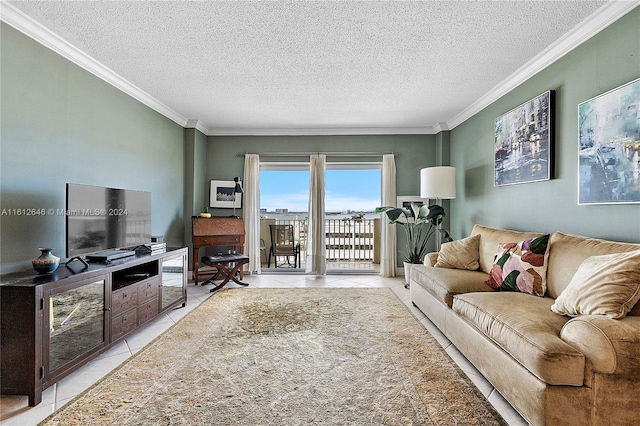 tiled living room with ornamental molding and a textured ceiling