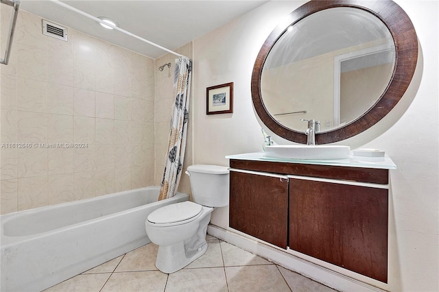 full bathroom with vanity, tile patterned flooring, toilet, and shower / bathtub combination with curtain