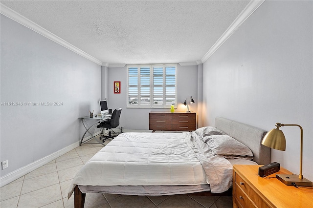 tiled bedroom with a textured ceiling and crown molding