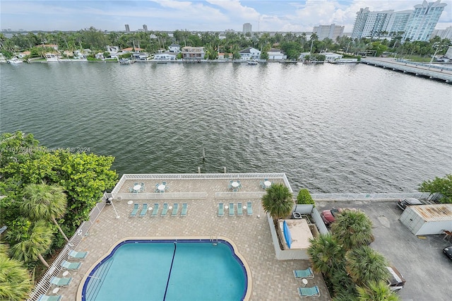 drone / aerial view with a water view