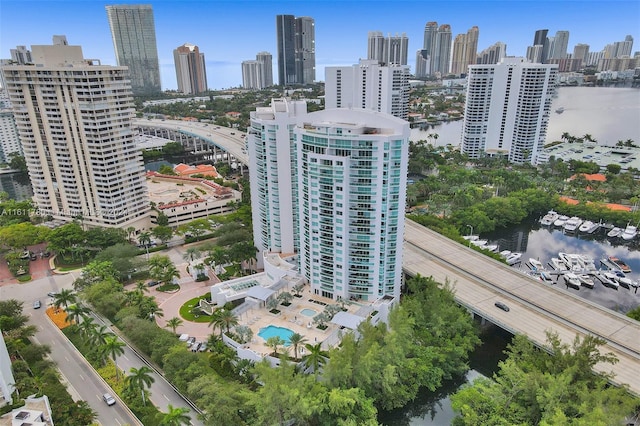 birds eye view of property featuring a water view